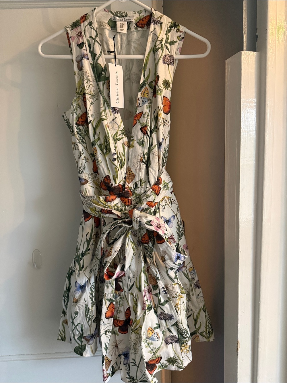 Christian Lacroix White Floral & Orange Butterfly Wrap Dress